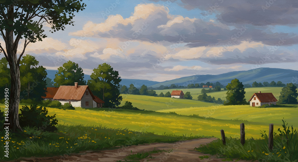 Obraz premium Serene Countryside Landscape with Rolling Hills and Cottage Homes