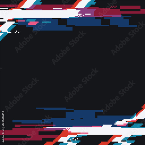 Glitched Signal Effect Futuristic Frame with Clouds and  Red and Blue Light Leak, Black Background, Pixel Art Style
