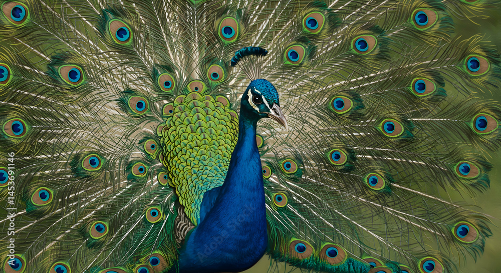 Fototapeta premium Stunning Peacock Displaying Vibrant Feathers in Natural Setting