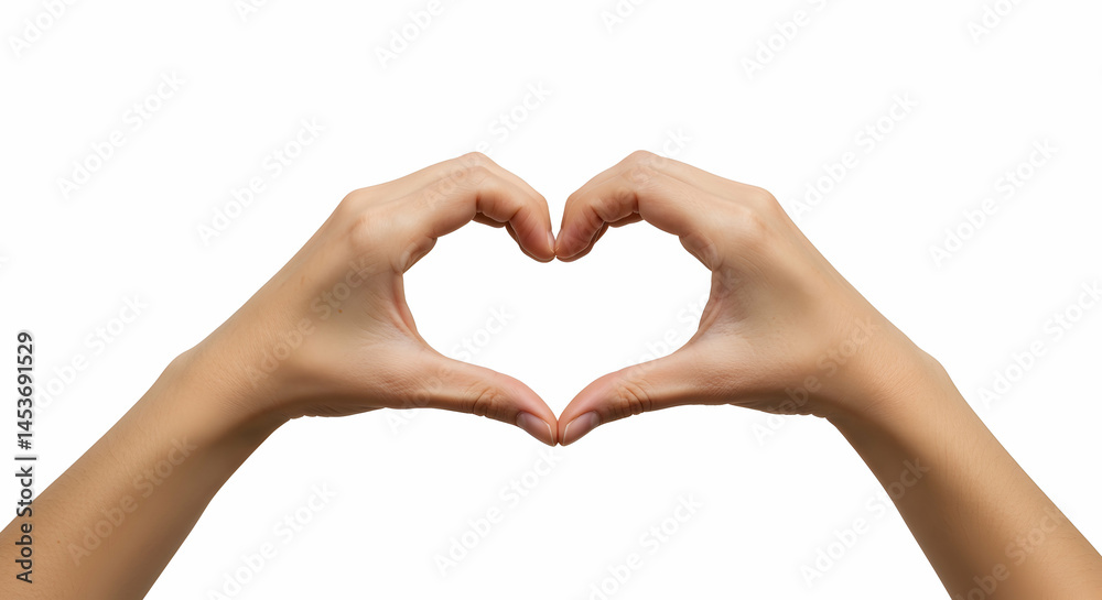 Fototapeta premium Hands Forming Heart Shape Against Plain White Background