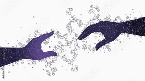 Abstract Line Art Hands Assembling Puzzle Pieces in Galaxy Theme Representing Teamwork and Collaboration in Space, Minimalist Vector Illustration