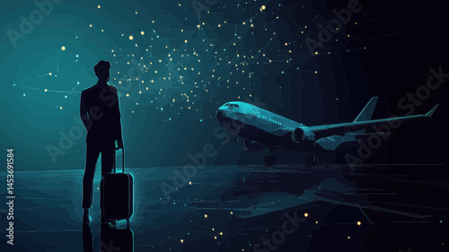 Digital 3D Man with Luggage Watching Airplane Take Off in Abstract Airport, Low Poly Dark Blue Mesh Vector - Air Travel, Tourism, Departure Illustration