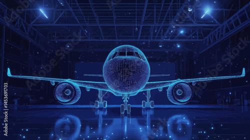 Digital 3D Wireframe Airplane in Hangar - Abstract Polygonal Aircraft Maintenance Concept with Starry Sky Background