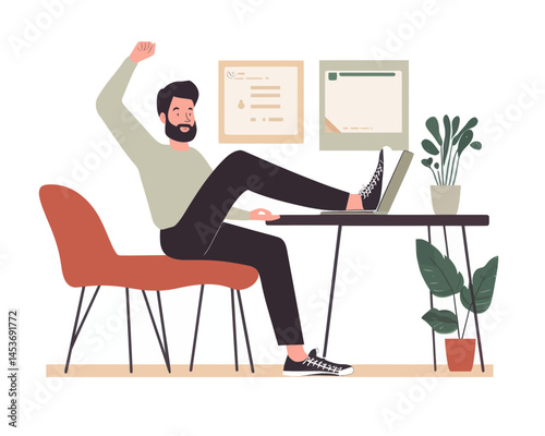 Flexible Work Concept, Businessman Balancing Between Chairs with Computer, Smart Relaxation, Managing Working Time, Minimalist Flat SVG Vector Illustration