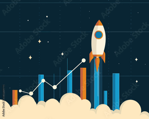 Exponential Growth and Investment Increase Concept with Rocket and Financial Graph, Business Sales and Profit Rising, Wealth and Earnings Visualization, Flat Minimalist SVG Vector