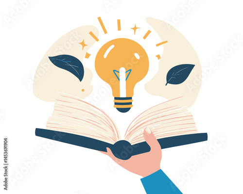 Hand Holding Open Book with Lightbulb Idea for Creativity, Education, and Wisdom Inspiration in Flat Minimalist Style