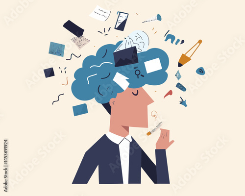 Ambitious Businessman Decluttering Anxiety from Mind to Improve Focus and Creativity, Minimalist Vector Illustration