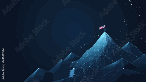 Digital Mountain with Flag and Businessman on Top - Abstract Goals Achievement and Ambitions Concept - Dark Blue Technology Background, Peaks and Constellations - Flat Minimalist SVG Vector
