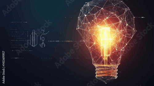 Polygonal Incandescent Light Bulb Vector with Warm Glow and Geometric Triangle Wireframe Design for Abstract Ideas and Innovation Concepts