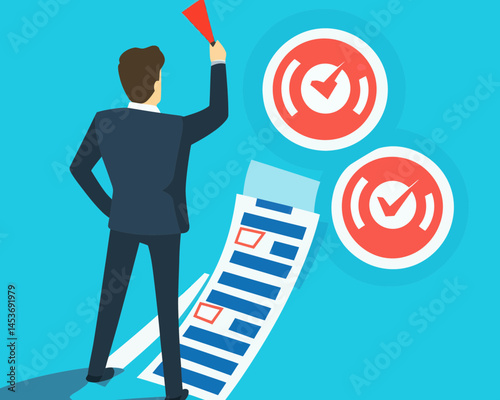 Businessman Achieving Targets: Task Completion and Progress to Success - Minimalist Flat Vector Illustration