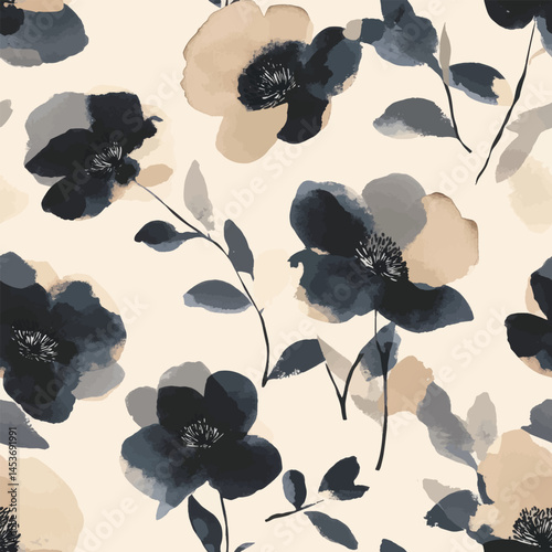 Muted watercolor, light gray and black flowers on a cream background, Cute watercolor seamless pattern. Watercolor print in rustic vintage style, textile or wallpapers.	