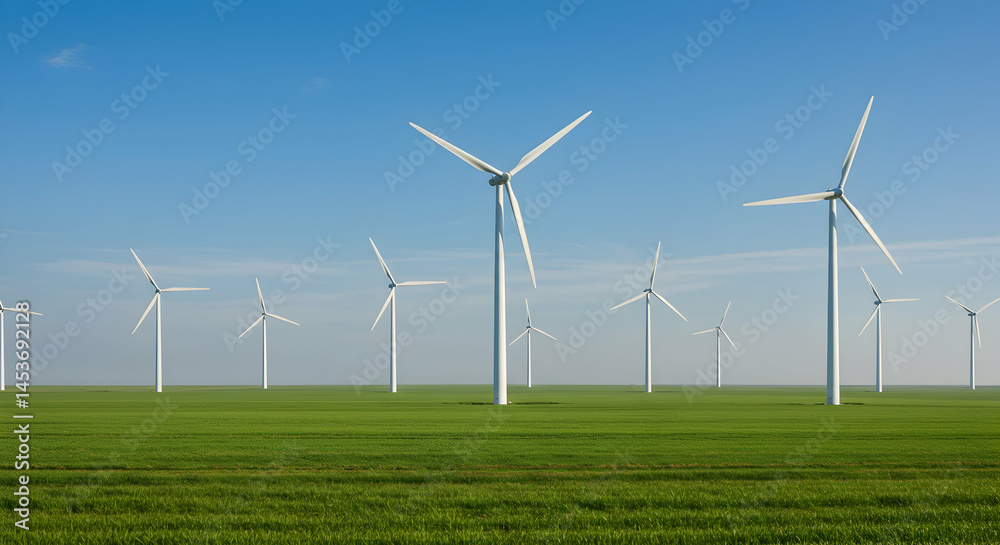 Large Wind Farm with Turbines in a Green Field Under Clear Sky Large Wind Farm with Turbines in a Green Field Under Clear Sky