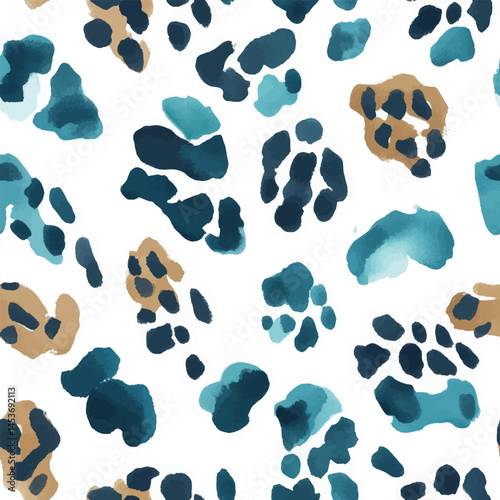 Leopard print pattern, teal and beige on a white background, Cute watercolor seamless pattern. Watercolor print in rustic vintage style, textile or wallpapers.	