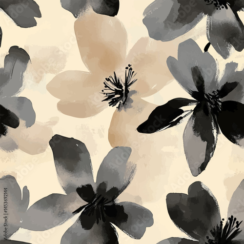 Muted watercolor, light gray and black flowers on a cream background, Cute watercolor seamless pattern. Watercolor print in rustic vintage style, textile or wallpapers.	