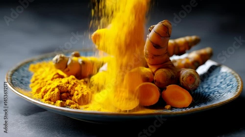 Bright yellow turmeric powder falling onto fresh turmeric rhizomes on a decorative blue plate, spice powder, vibrant color