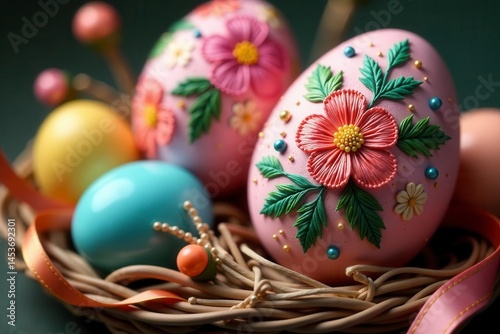 Intricate floral embroidery on colorful Easter eggs, ribbons & beads, rustic, thread