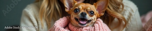 Laughing, cuddling chihuahua in comfy sweaters, couple, happy