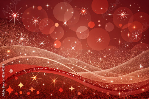 The image features a vibrant red background adorned with intricate gold swirls, glittery particles, and sparkling stars, creating a festive and luxurious atmosphere.