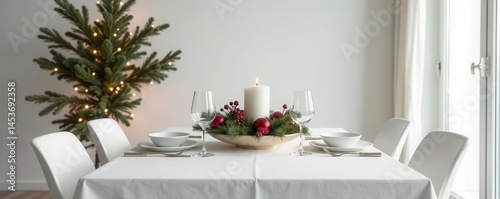 Minimalist white dining room, festive Christmas centerpiece, elegant, cozy, nordic