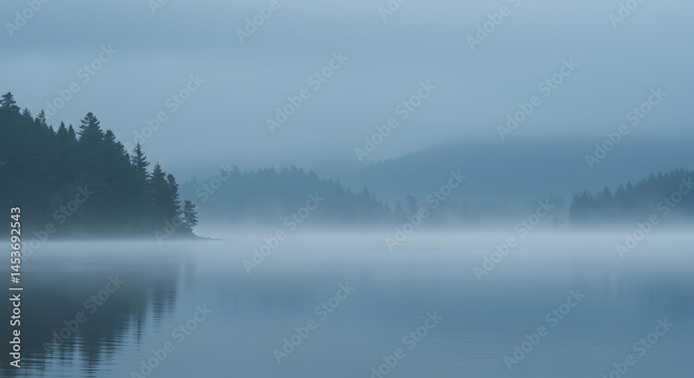 Serene Misty Lake Landscape with Reflections in Early Morning Light Serene Misty Lake Landscape with Reflections in Early Morning Light