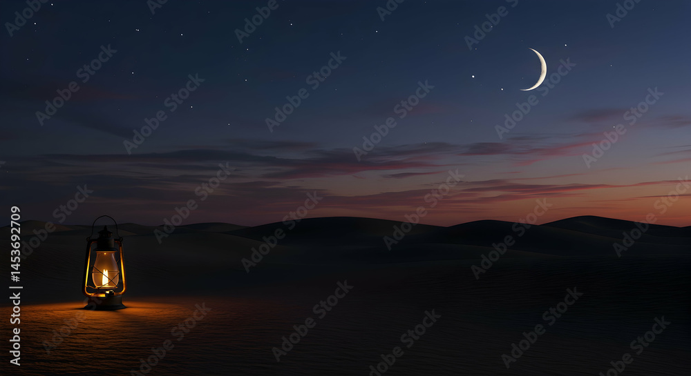 Fototapeta premium Lantern Glow in Desert Under Moonlight at Dusk