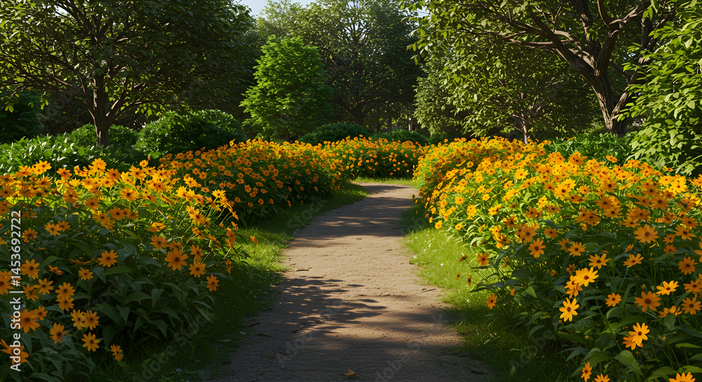 Obraz premium Vibrant Pathway Surrounded by Bright Yellow Flowers in a Garden