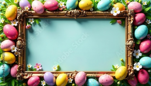 Ornate frame overflowing with colorful Easter eggs , image, photo