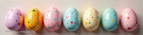 Pastel colored eggs, intricate designs, speckled textures, set, eggs, cheerful