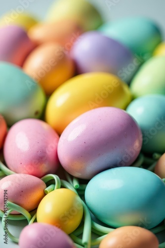 Pastel eggs nestled in rainbow candy, spring holiday treat , spring celebration, decoration