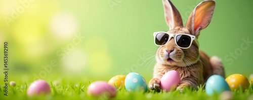 Silly bunny wearing sunglasses, enjoying Easter eggs , cartoon, holiday, wildlife