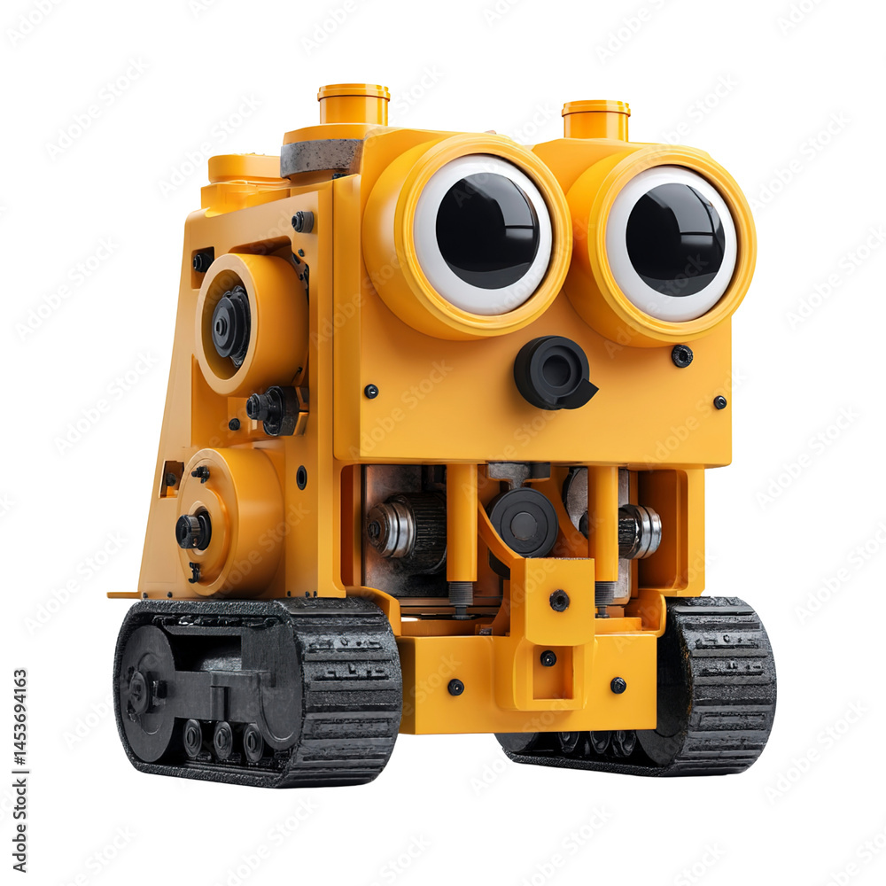 Charming Yellow Robot with Big Eyes on Tank Tracks - 3D Render Charming Yellow Robot with Big Eyes on Tank Tracks - 3D Render
