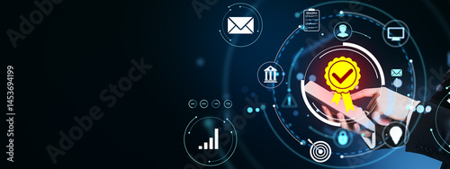 Business person using tablet with digital interface for certification and data analysis on dark background with glowing light elements.
