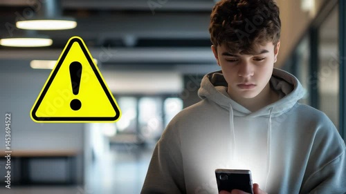 A young man looks at his smartphone as a yellow warning icon appears. Symbolizes cyberbullying, online threats, identity theft, and digital danger.