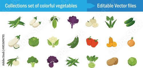 Colorful Vegetable Vector Icons Set – Fresh Farm Food Collection, Editable Flat Design for Healthy Eating and Organic Market .
