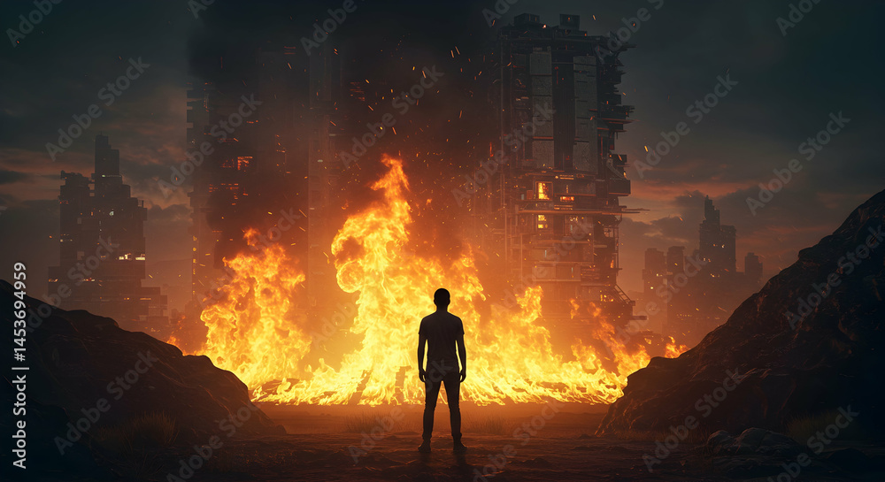 Person Standing in Front of Fire with Urban Background at Dusk Person Standing in Front of Fire with Urban Background at Dusk