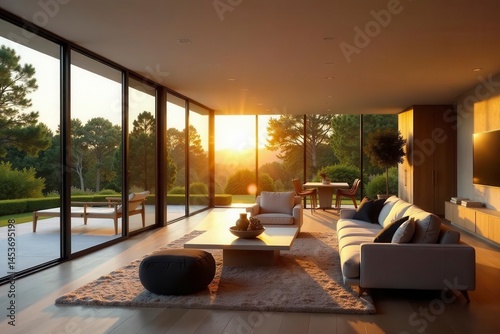 Golden hour illuminates open-plan living space, showcasing modern design features, light, style, living