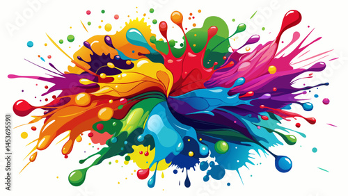 A vibrant and energetic display of colorful paint splashes against a stark white background