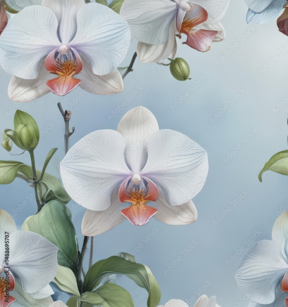 Obraz premium Watercolor painting of Philippine Phalaenopsis orchids against a soft blue wash, capturing intricate details , delicate, art, floral design