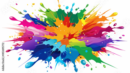 A vibrant and energetic display of colorful paint splashes against a stark white background