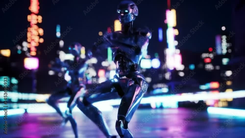 Two advanced robots perform a captivating dance routine under the colorful city lights.