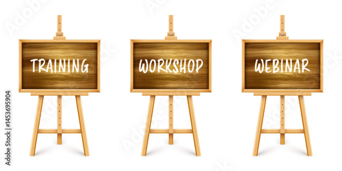 Wooden chalkboard on easel. Blackboard in wooden frame on a tripod. Presentation board with text, writing or drawing surface. Online studying, learning mockup. Vector illustration