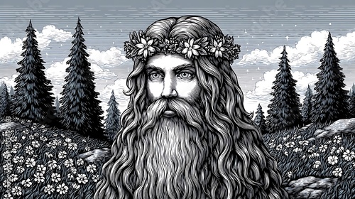 Forest Deity: A Monochrome Masterpiece of Mythological Illustration photo
