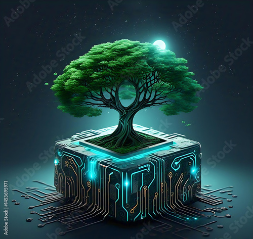 Futuristic Bio-Tech Tree Growing from a Glowing Circuit Cube with Radiant Energy