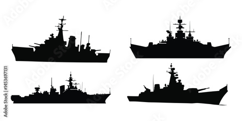 ship silhouette collection, military ship black silhouette vector design.