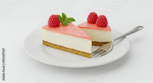 Delicious Raspberry Cheesecake Slice with Fresh Berries and Mint
