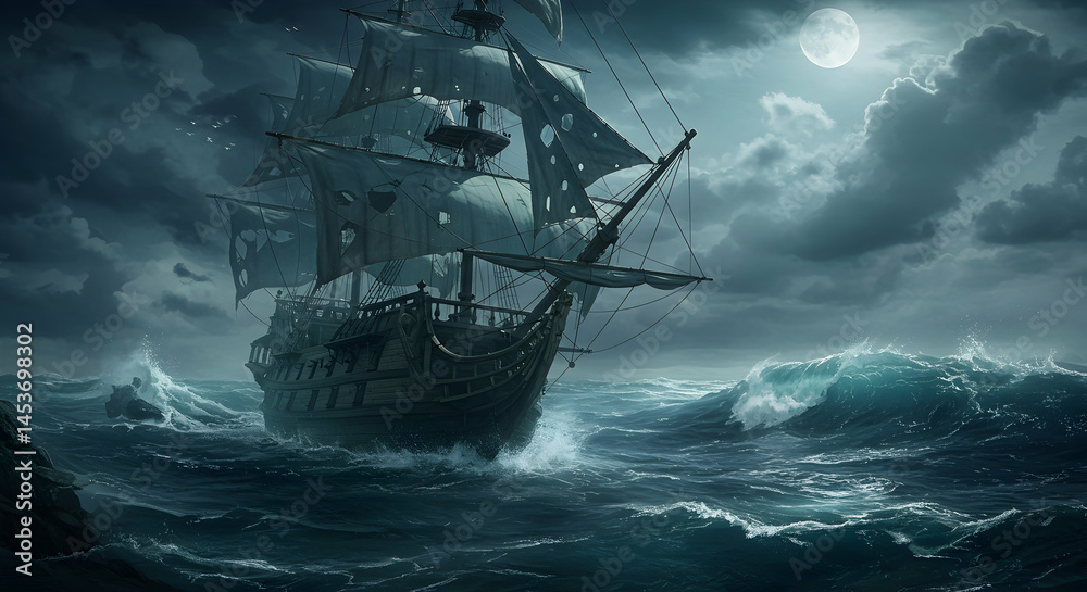Fototapeta premium Dark and Mysterious Ship Sailing Through Stormy Ocean Night