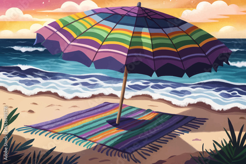 Colorful beach towel under bright umbrella vector by shimmering ocean waves. Relaxing summer vibes perfect for vacation, coastal lifestyle, and tropical travel-themed