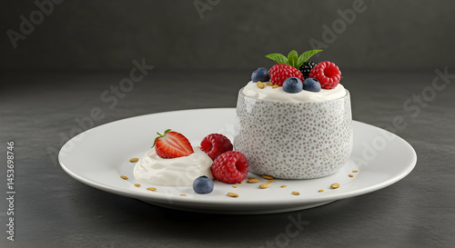 Chia Seed Pudding with Fresh Fruits and Cream on Dark Background