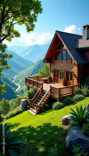 Stunning two-story house panorama, large wooden deck overlooking lush yard and breathtaking scenery, hills, real estate, countryside