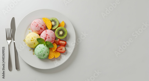 Colorful Ice Cream Dessert with Fruits on White Plate